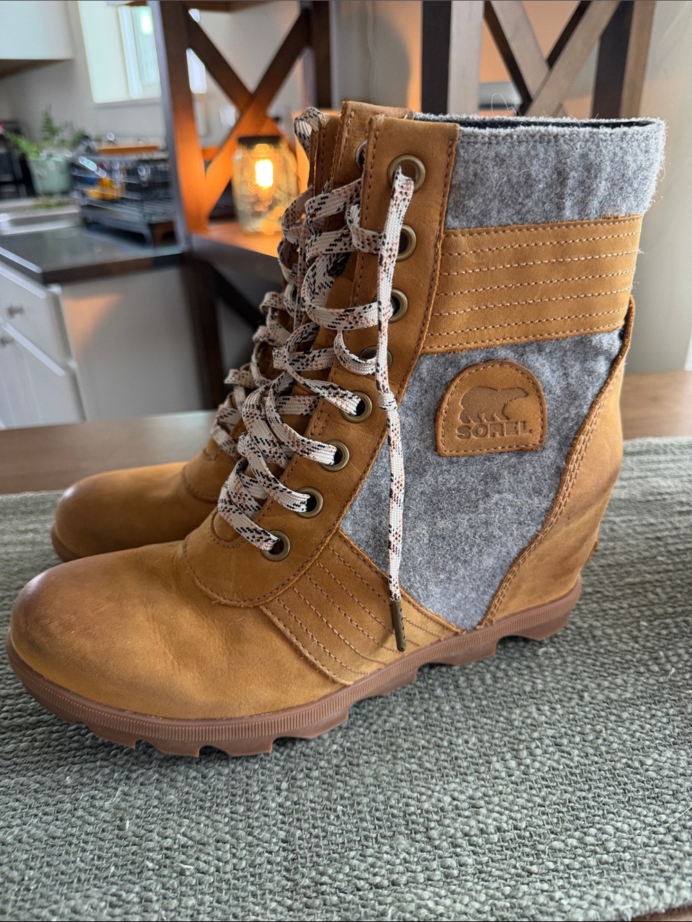 Sorel Tan Leather & Gray Wool-Blend Lace-Up Wedge Boots - Picture 1 of 4